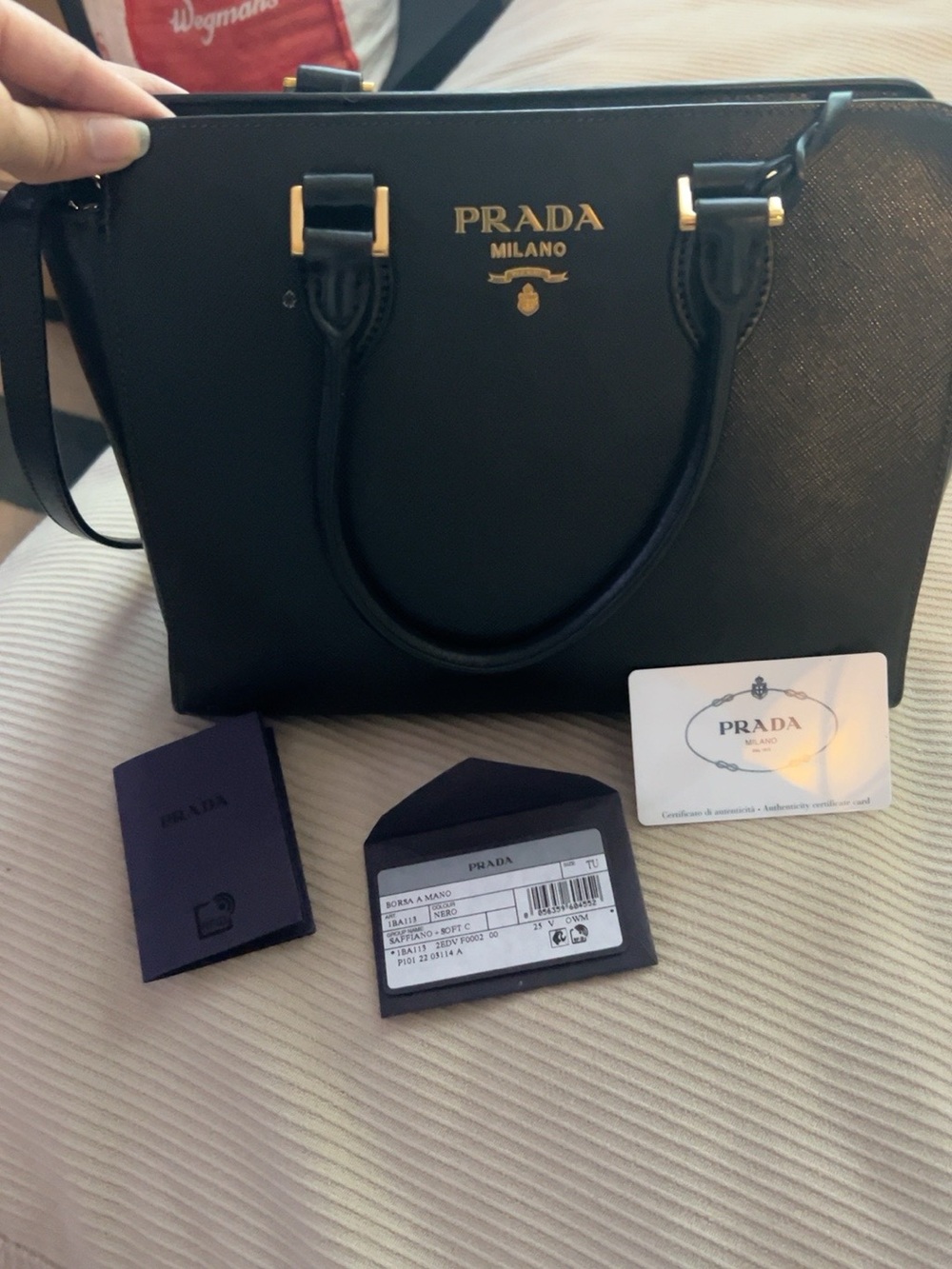 Prada Black Saffiano Leather Messenger with Gold Logo